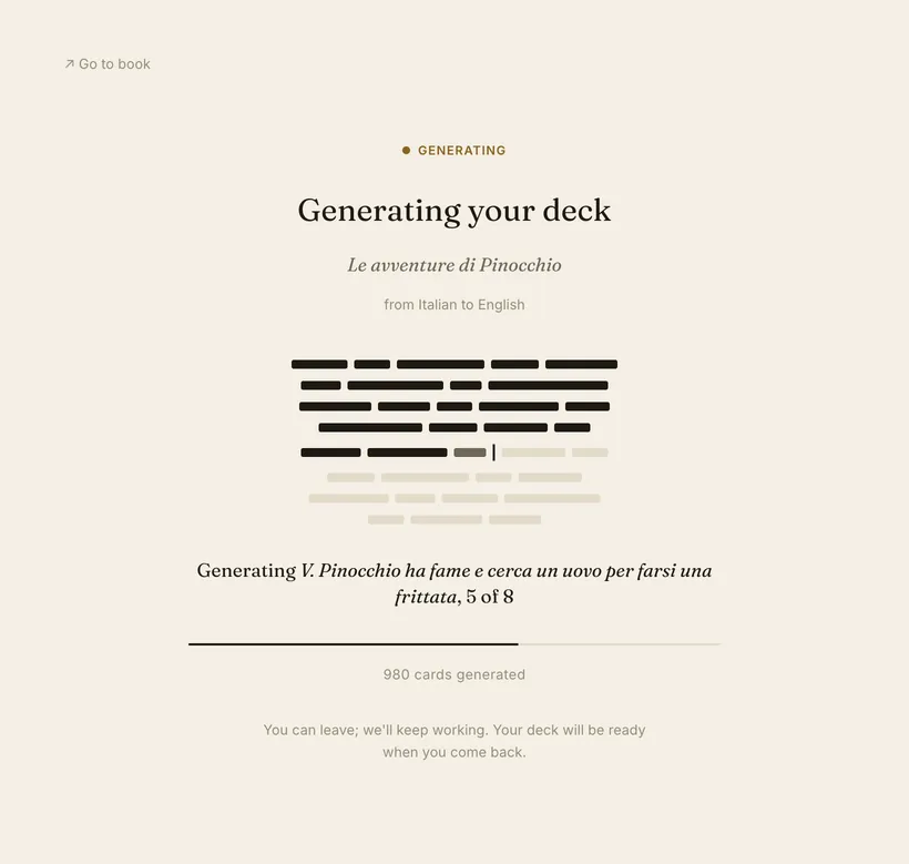 The generation screen, setting a deck chapter by chapter like a printing press